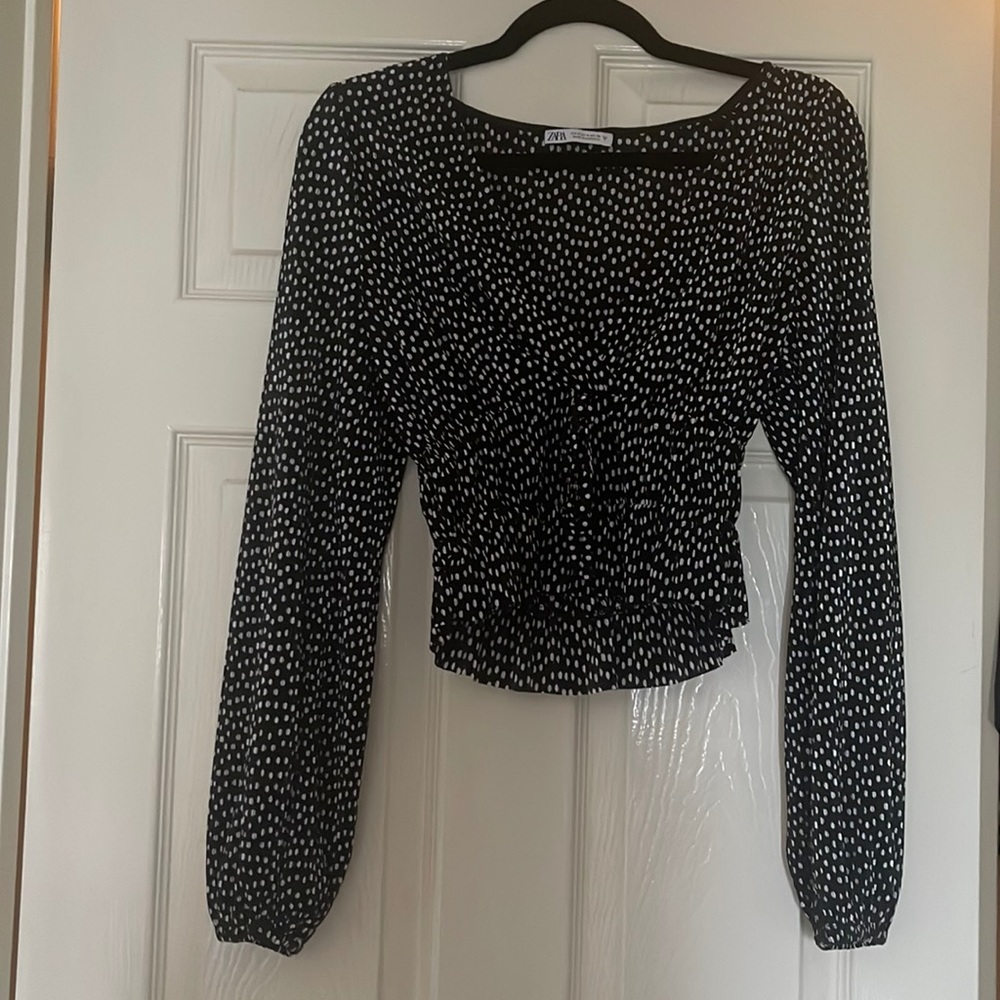 ZARA Long sleeve polka dot satin top